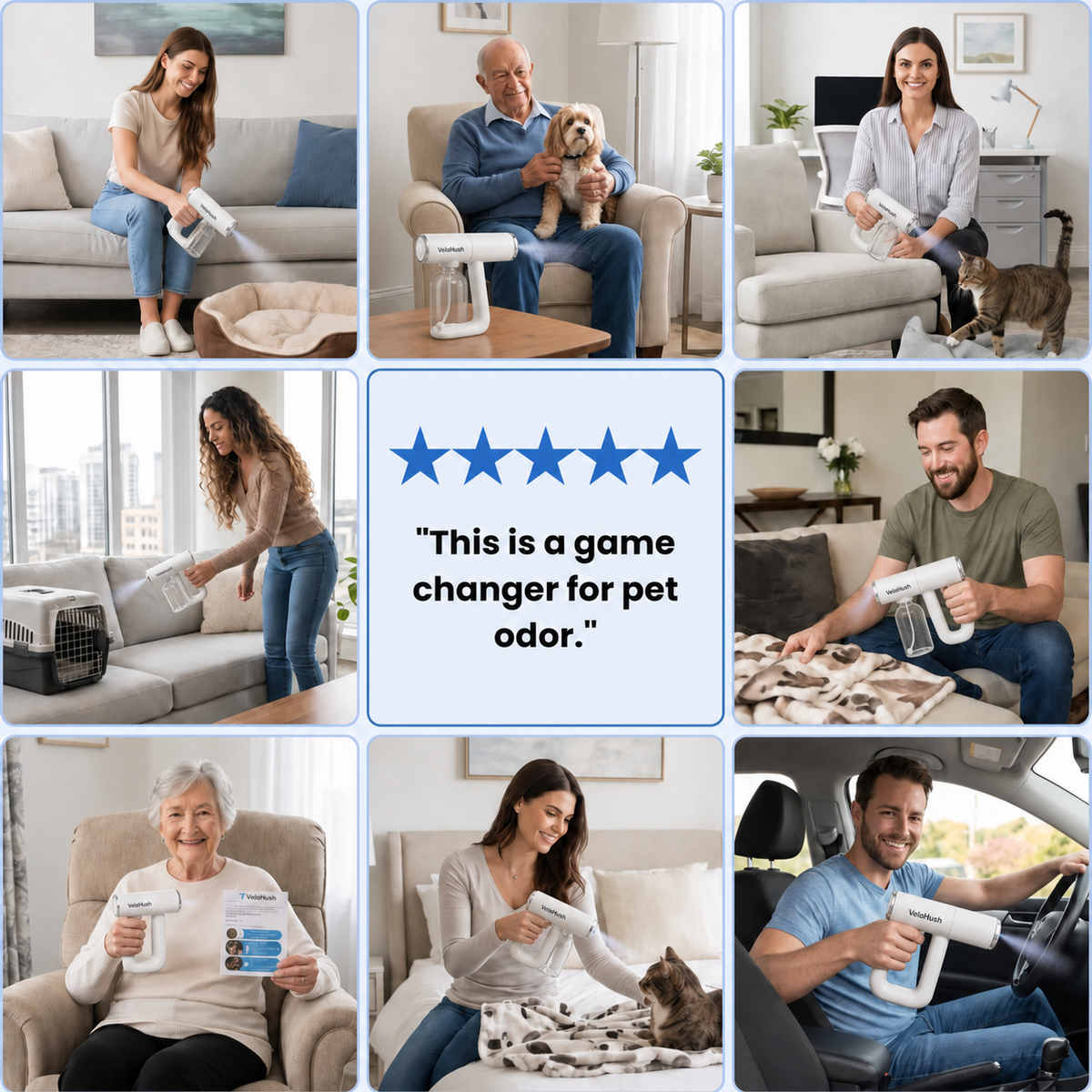 VelaHush used on sofa, car seats, rugs and pet beds