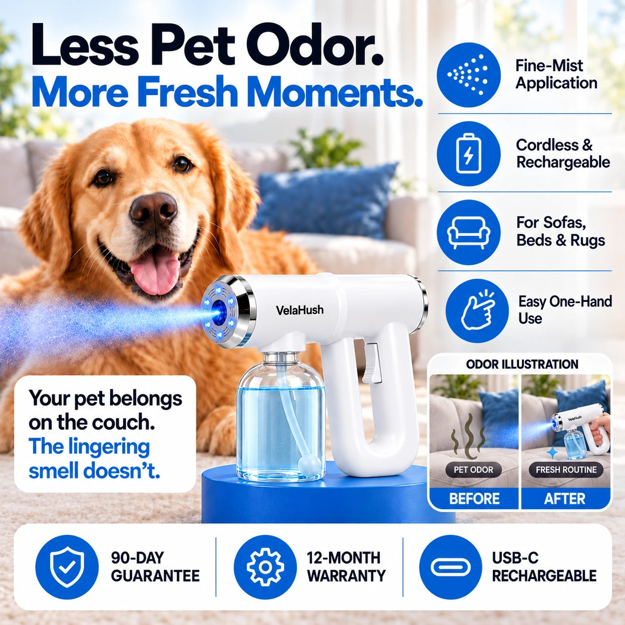 VelaHush sprayer for pet-loved spaces